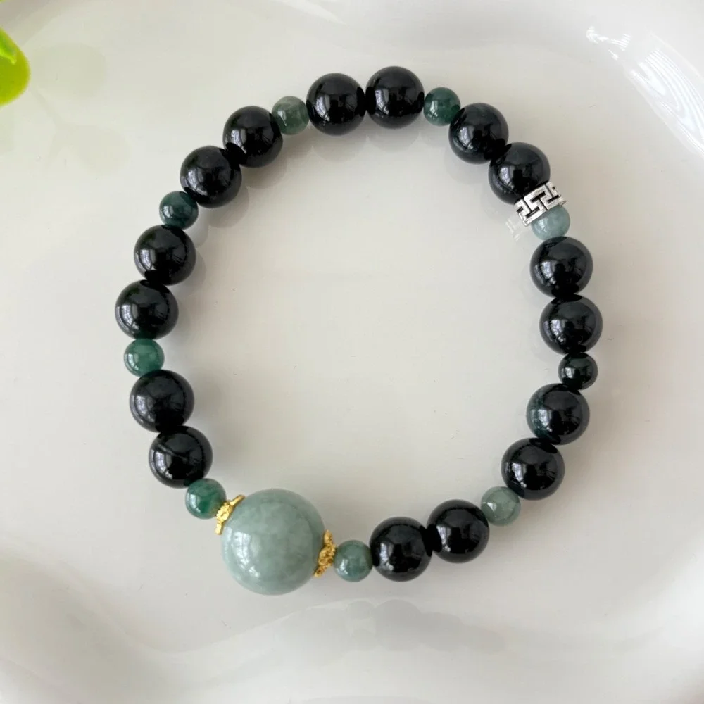 Authentic Jadeite Beaded Bracelet with Silver and Gold Accents  20.43g